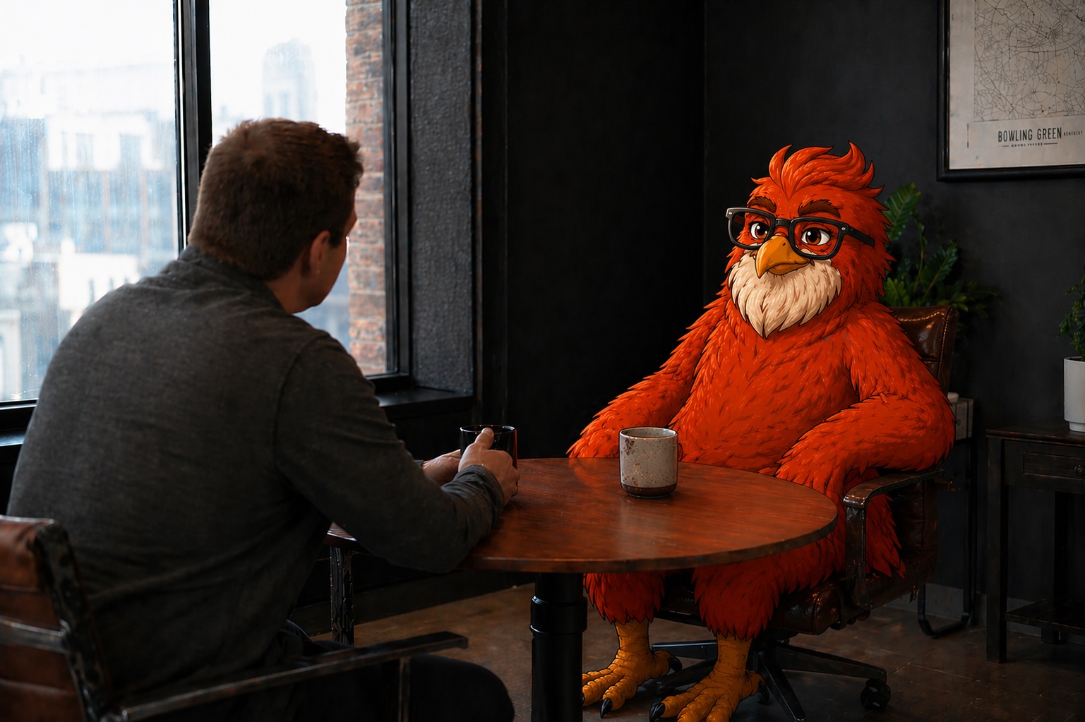 Archy in conversation at the table
