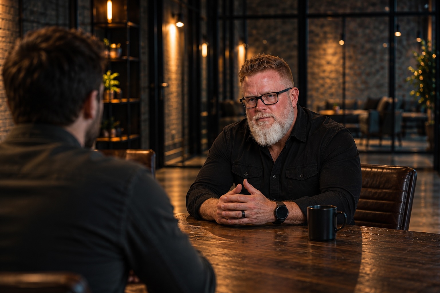 Bart Paden in conversation across a small table, coffee in hand