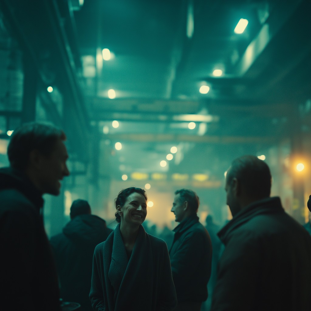 People in conversation under dim teal lighting