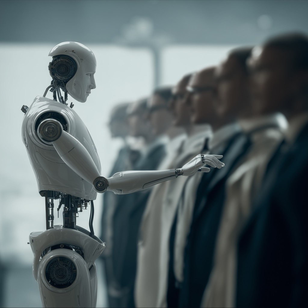 A robot pointing at people in line